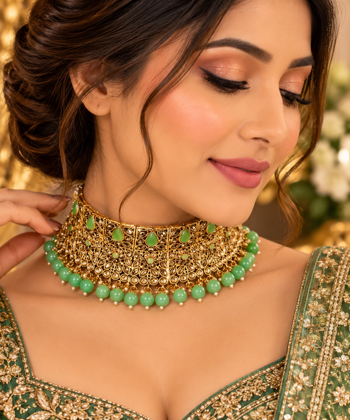 Mint Green Kundan Choker Necklace with Gold Filigree & Beaded Border