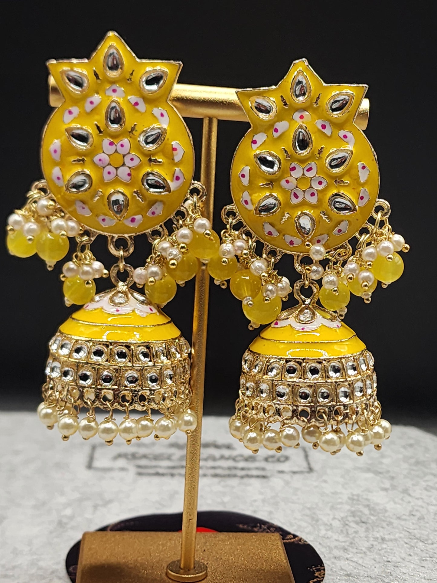 Yellow Meenakari Kundan Jhumka Earrings | Pearl Drop Indian Festive Earrings