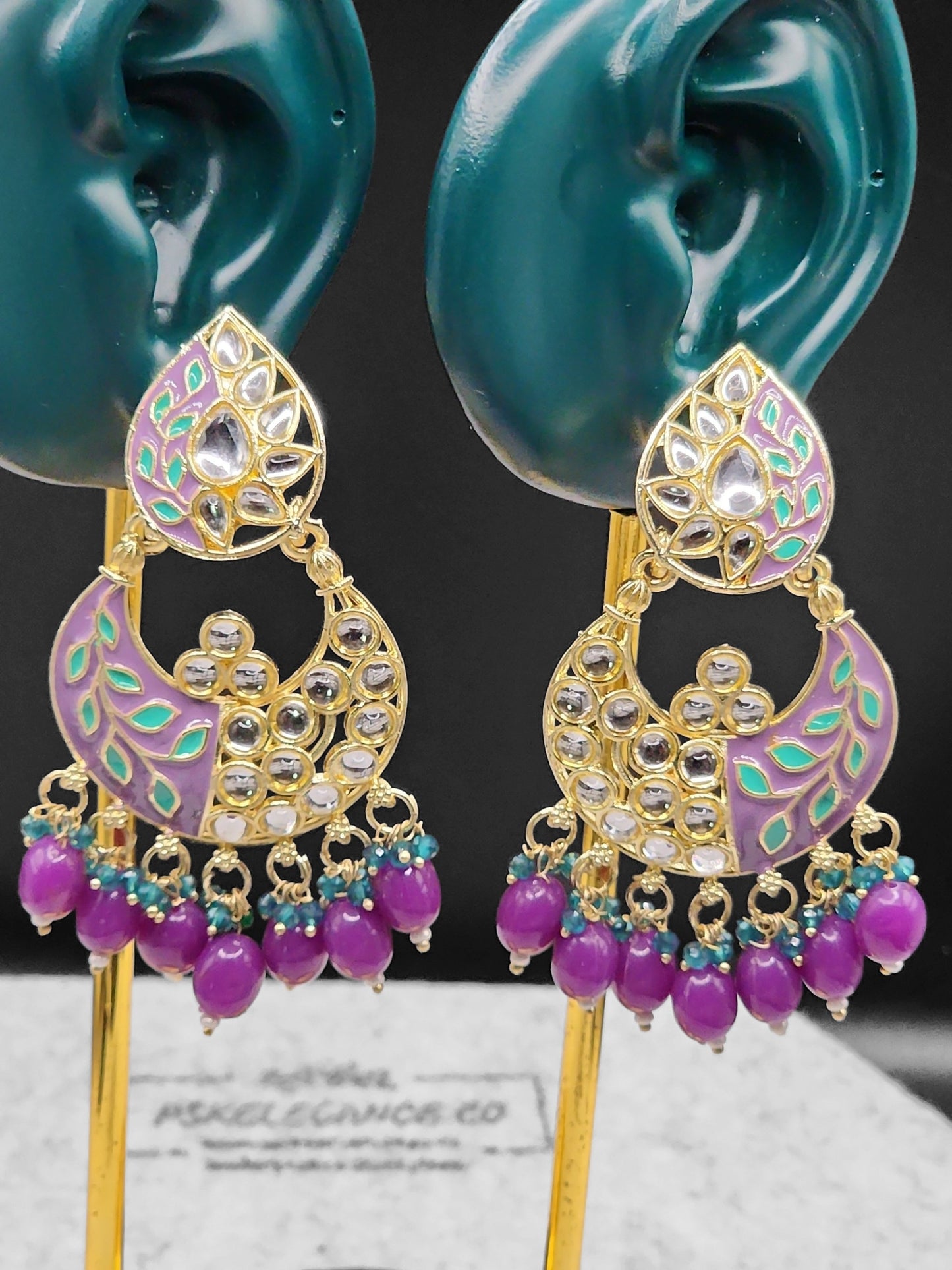 Lavender Purple Kundan Chandbali Earrings | Teal & Purple Bead Indian Statement Earrings
