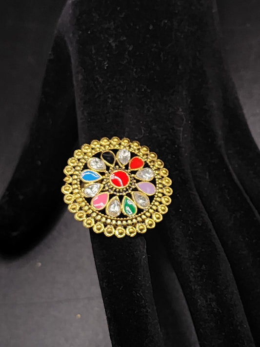 Multicolor Kundan Statement Ring | Gold Festival Floral Ring