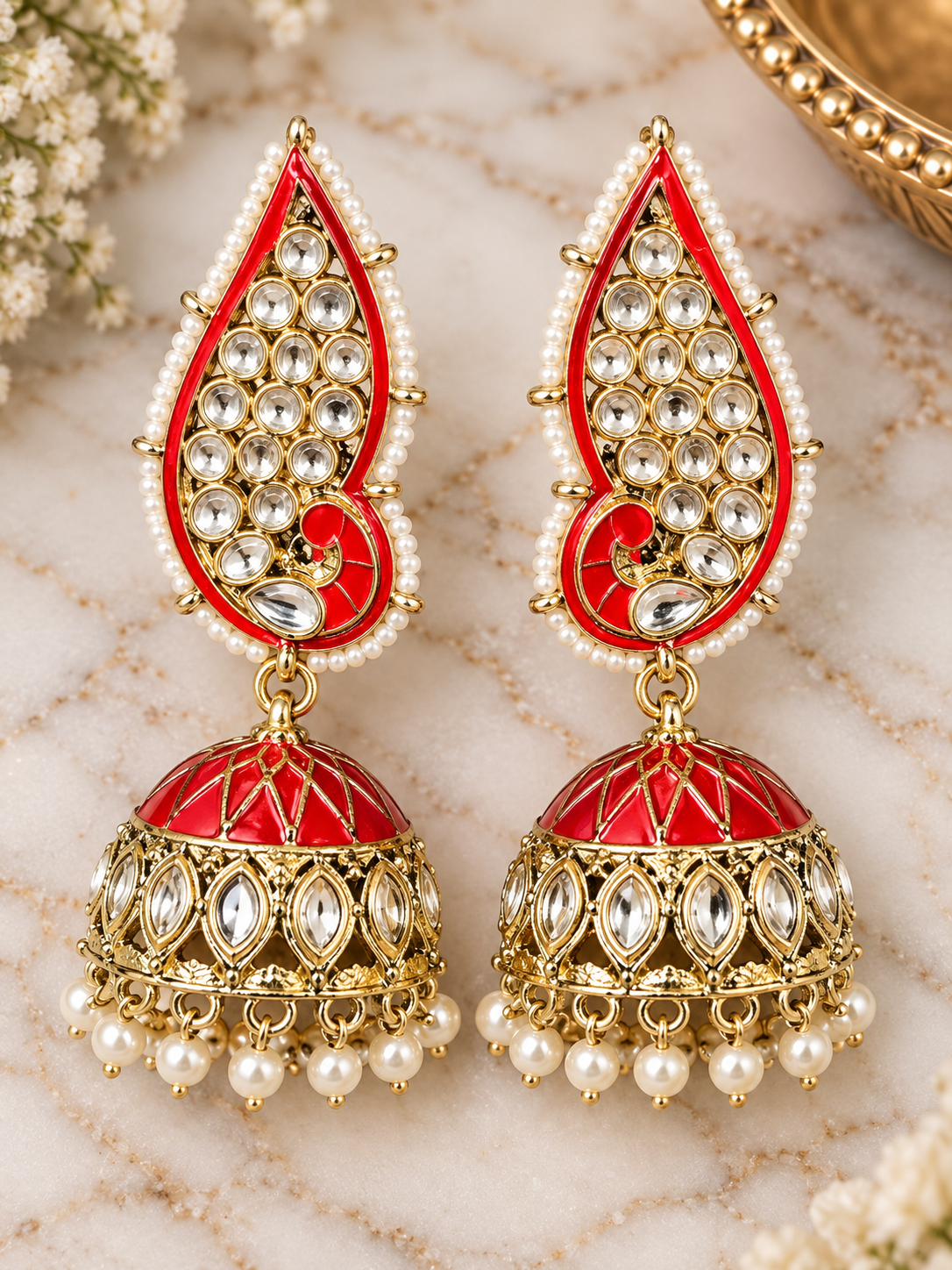 PSK ELEGANCE – Red & Gold Kundan Jhumka Statement Earrings