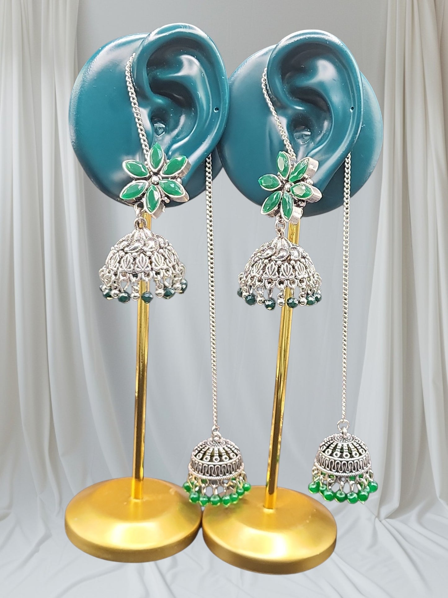 PSK ELEGANCE Emerald Floral Jhumka Chain Earrings | Silver Oxidized Double Drop Statement Jewelry