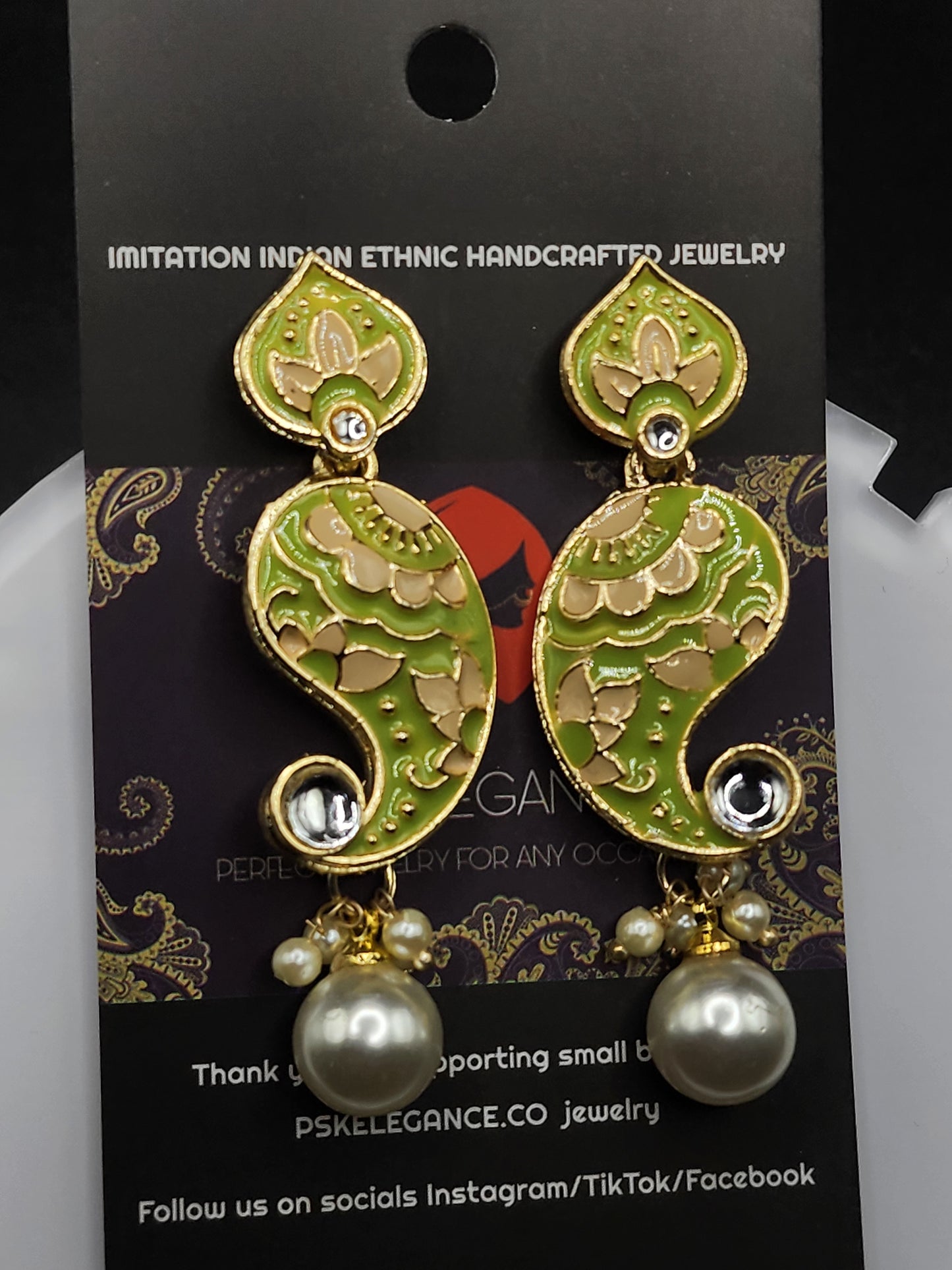 PSK ELEGANCE Grey & Gold Paisley Drop Earrings with Pearl Charm