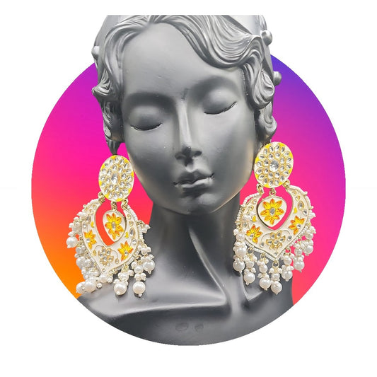 PSK ELEGANCE Ivory Meenakari Heart Chandbali Earrings | Floral Kundan Pearl Drop Statement Jewelry