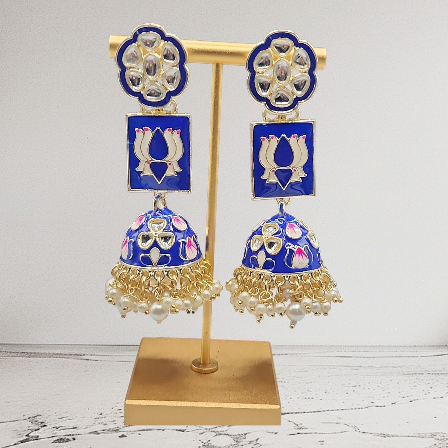 Royal Blue Meenakari Lotus Kundan Jhumka Earrings | Pearl Drop Indian Statement Earrings