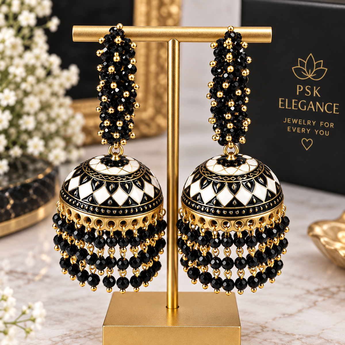 Black Meenakari Jhumka Earrings
