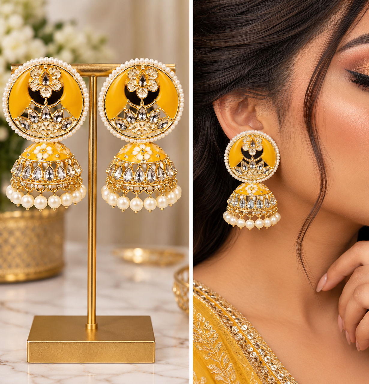 Yellow Meenakari Jhumka Earrings