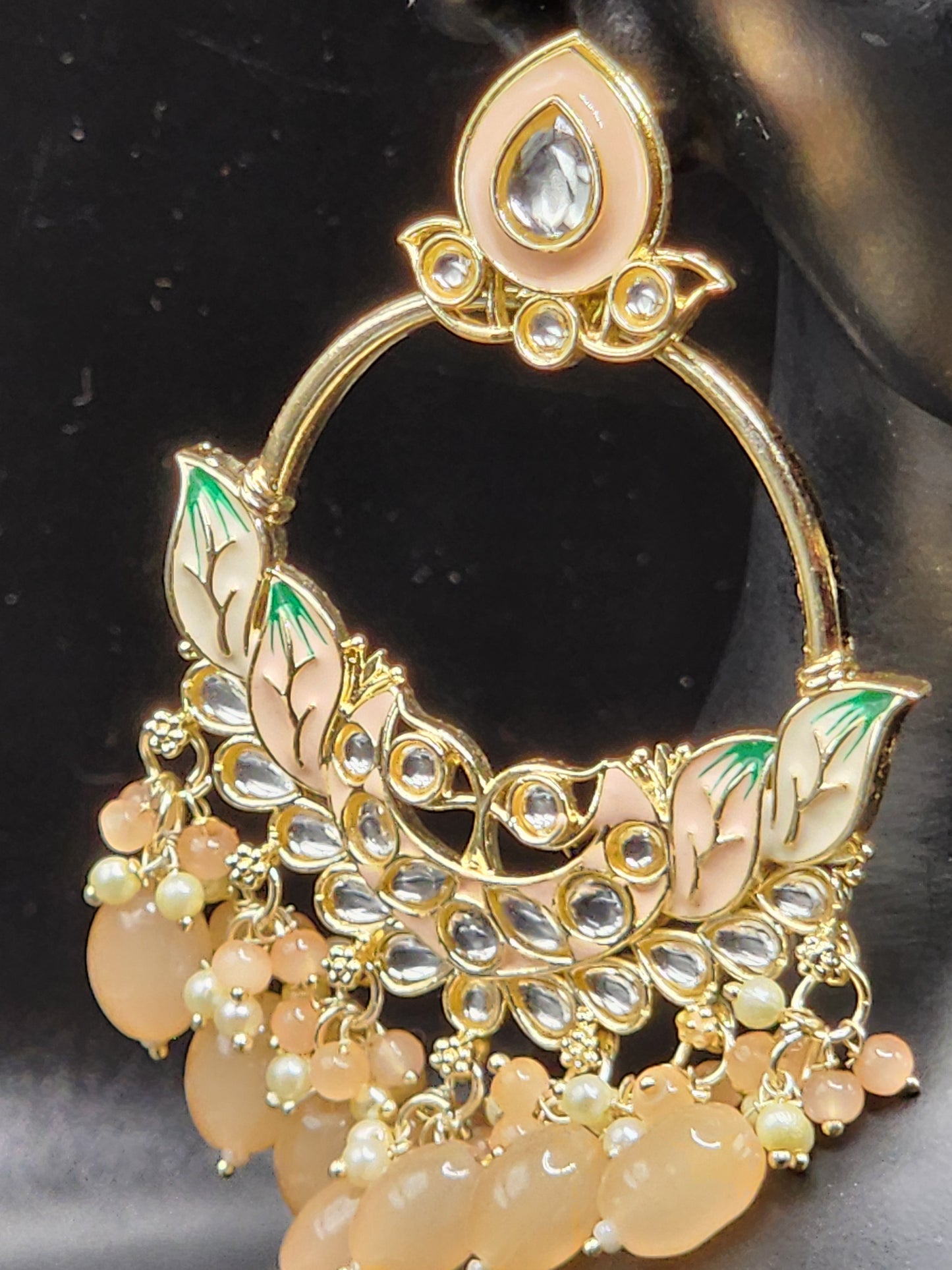 Peach Kundan Chandbali Earrings with Pearl Drops