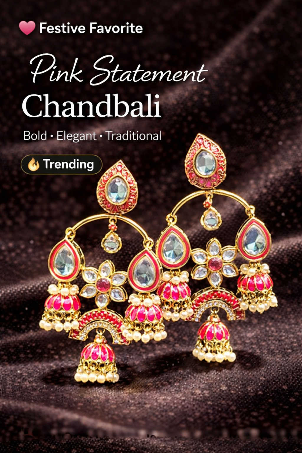 Pink Kundan Chandbali Earrings with Pearl Jhumka Drops – Festive Luxe
