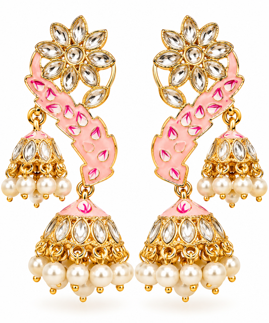 Pink & Gold Floral Jhumka Earrings