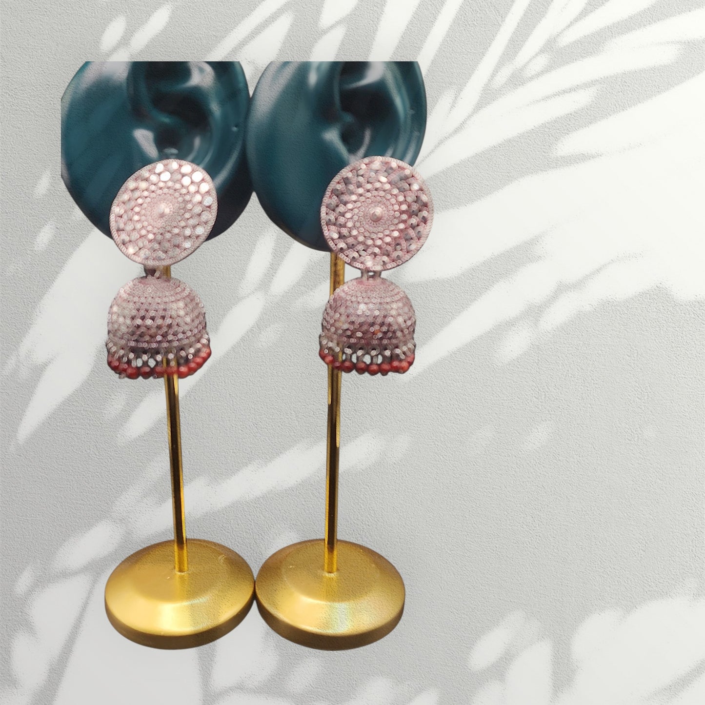 PSK ELEGANCE Silver Jhumka Earrings with Red Bead Detailing