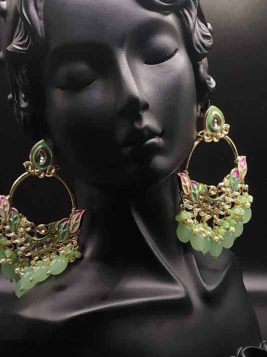 Mint Green Meenakari Statement Hoop Earrings with Beaded Drops – Fresh Luxe