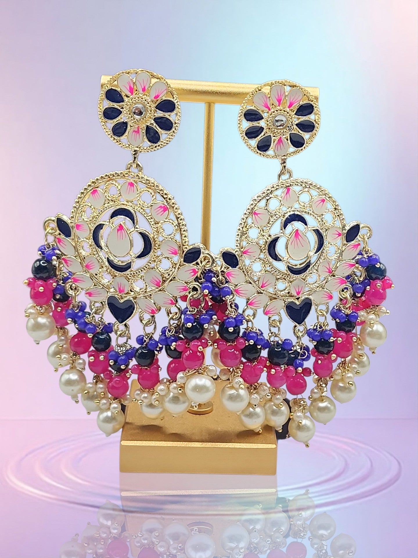 Navy Blue & Pink Floral Chandbali Earrings with Pearl Drops