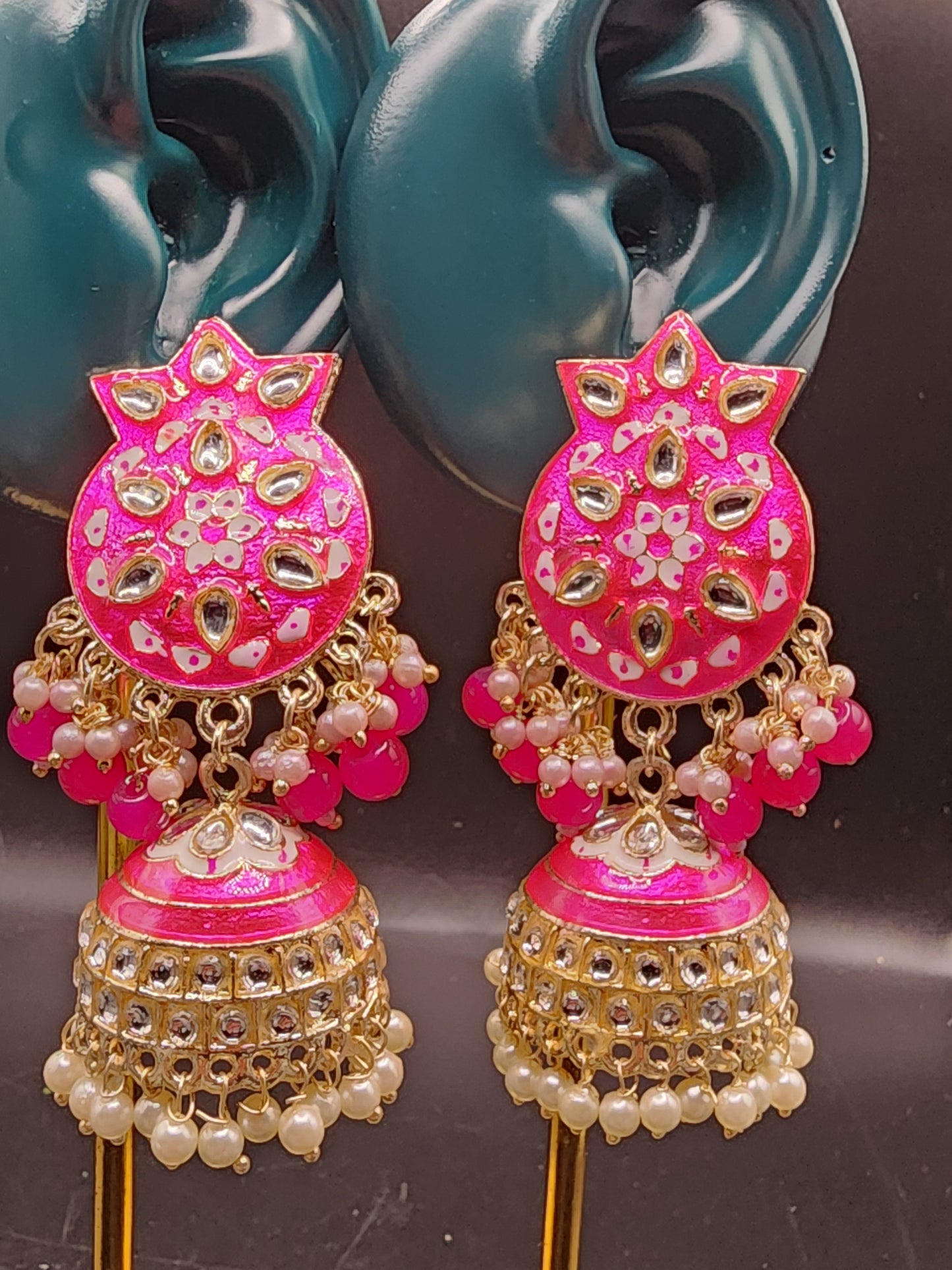 Hot Pink Meenakari Kundan Jhumka Earrings | Pearl Drop Indian Festive Earrings