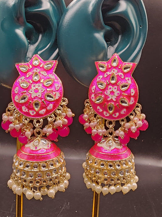 Hot Pink Meenakari Kundan Jhumka Earrings | Pearl Drop Indian Festive Earrings