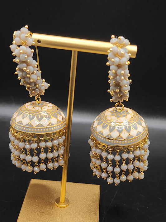 PSK ELEGANCE Ivory & Gold Meenakari Jhumka Earrings | Pearl Cluster Bridal Statement Jewelry