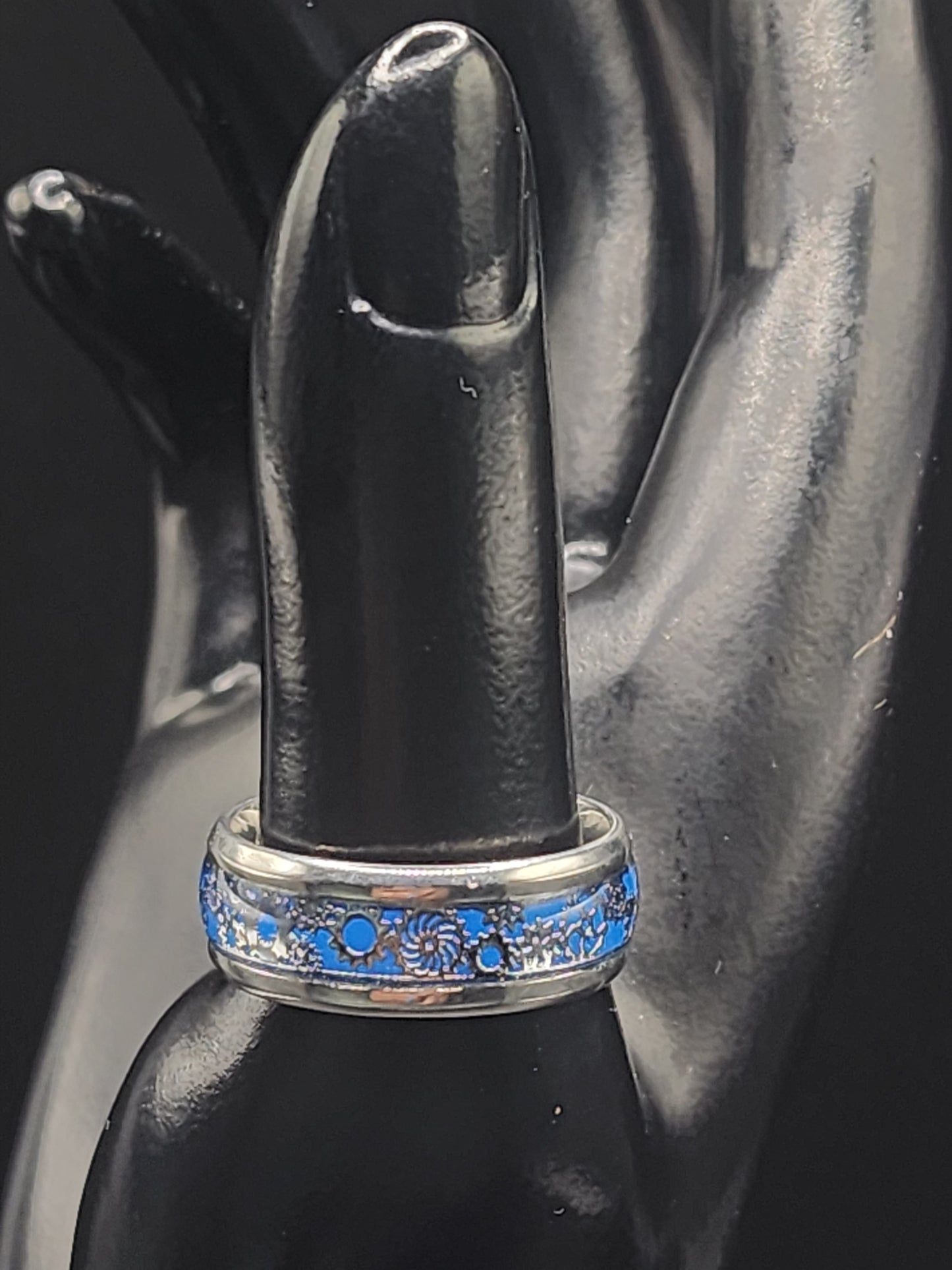 Blue Floral Spinner Ring | Stainless Steel Band
