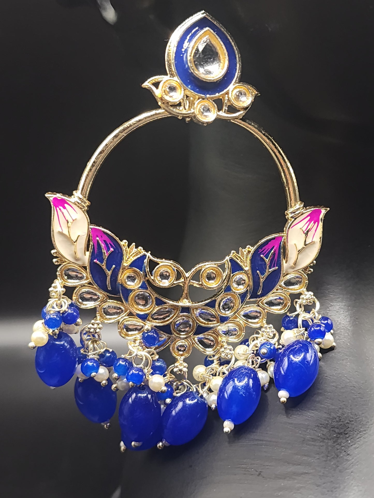 Royal Blue Meenakari Statement Hoop Earrings with Beaded Drops – Luxe Festive