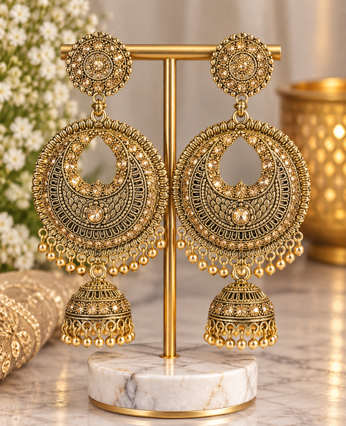 Antique Gold Kundan Chandbali Jhumka Earrings