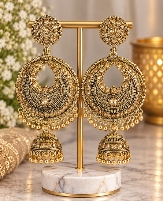 Antique Gold Kundan Chandbali Jhumka Earrings