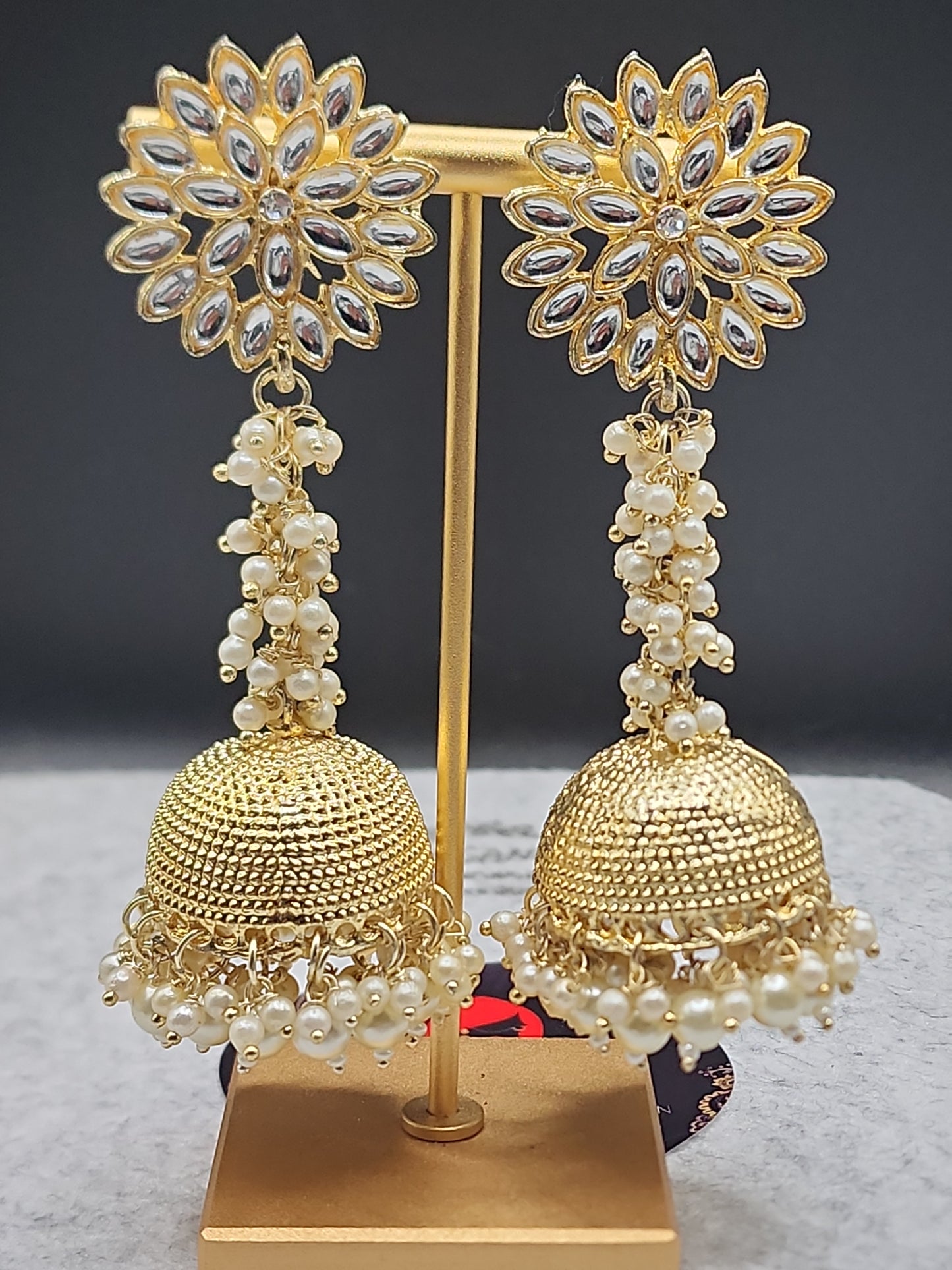 Gold Floral Kundan Pearl Jhumka Earrings | Indian Bridal & Festive Statement Earrings