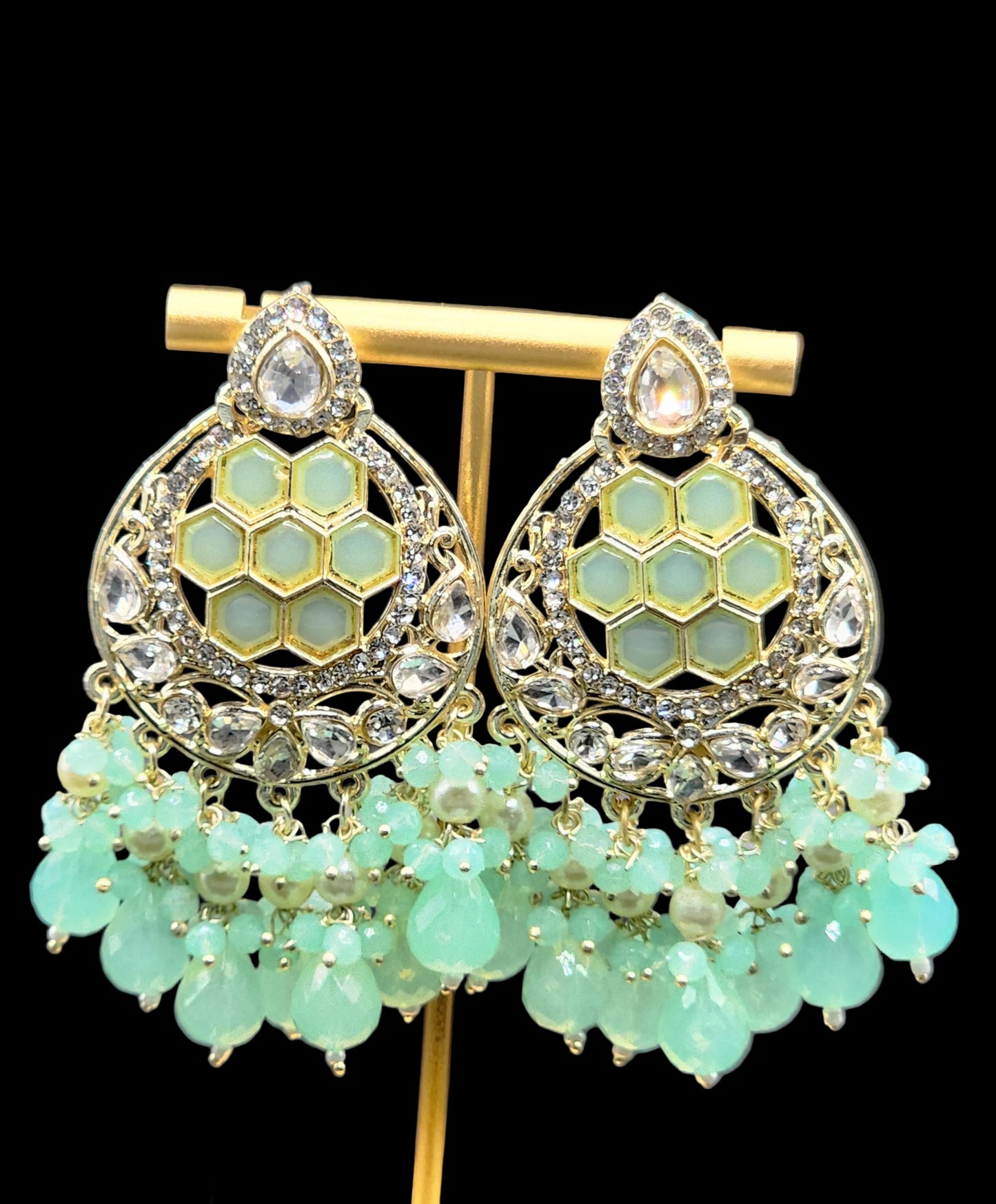 Mint Green Kundan Chandbali Earrings with Crystal Drops – Pastel Luxe