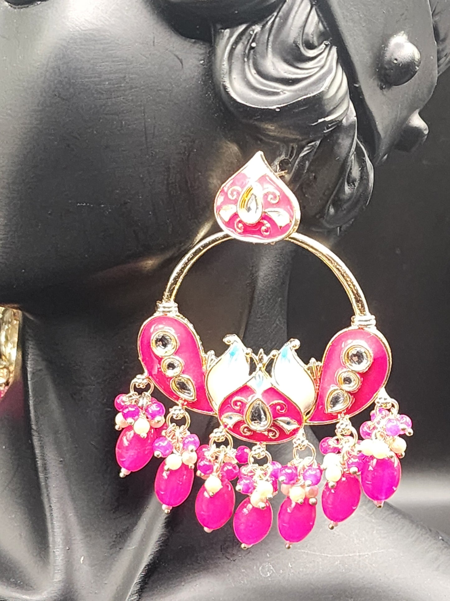 Pink Kundan Chandbali Earrings with Pearl Drops – Statement Indo-Western Jewelry