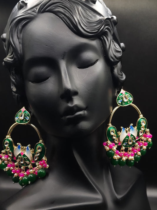 Emerald Pink Chandbali Statement Earrings