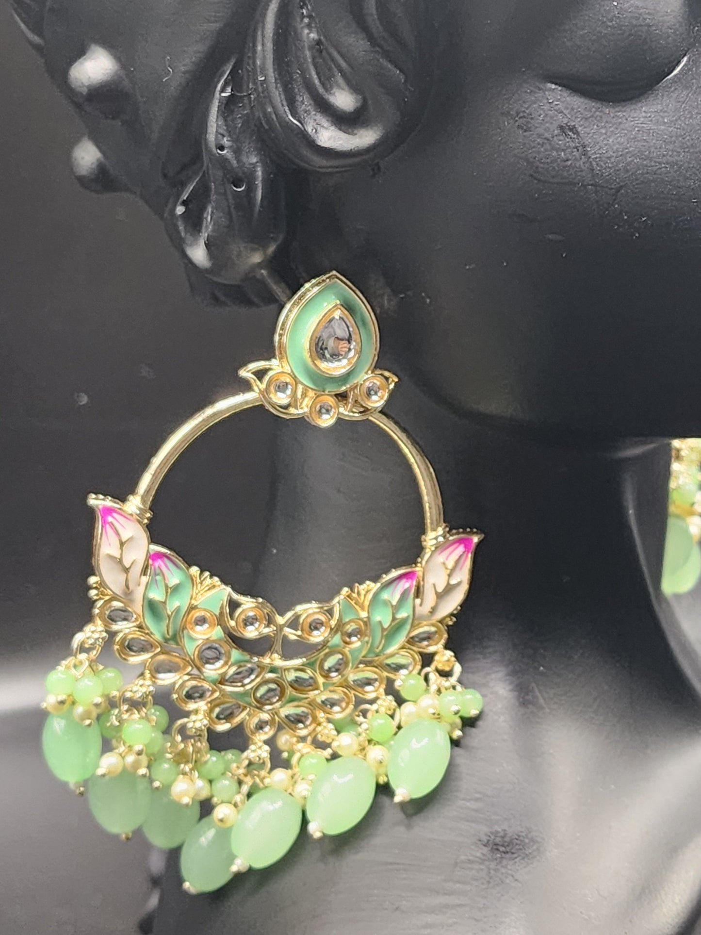 Mint Green Meenakari Statement Hoop Earrings with Beaded Drops – Fresh Luxe