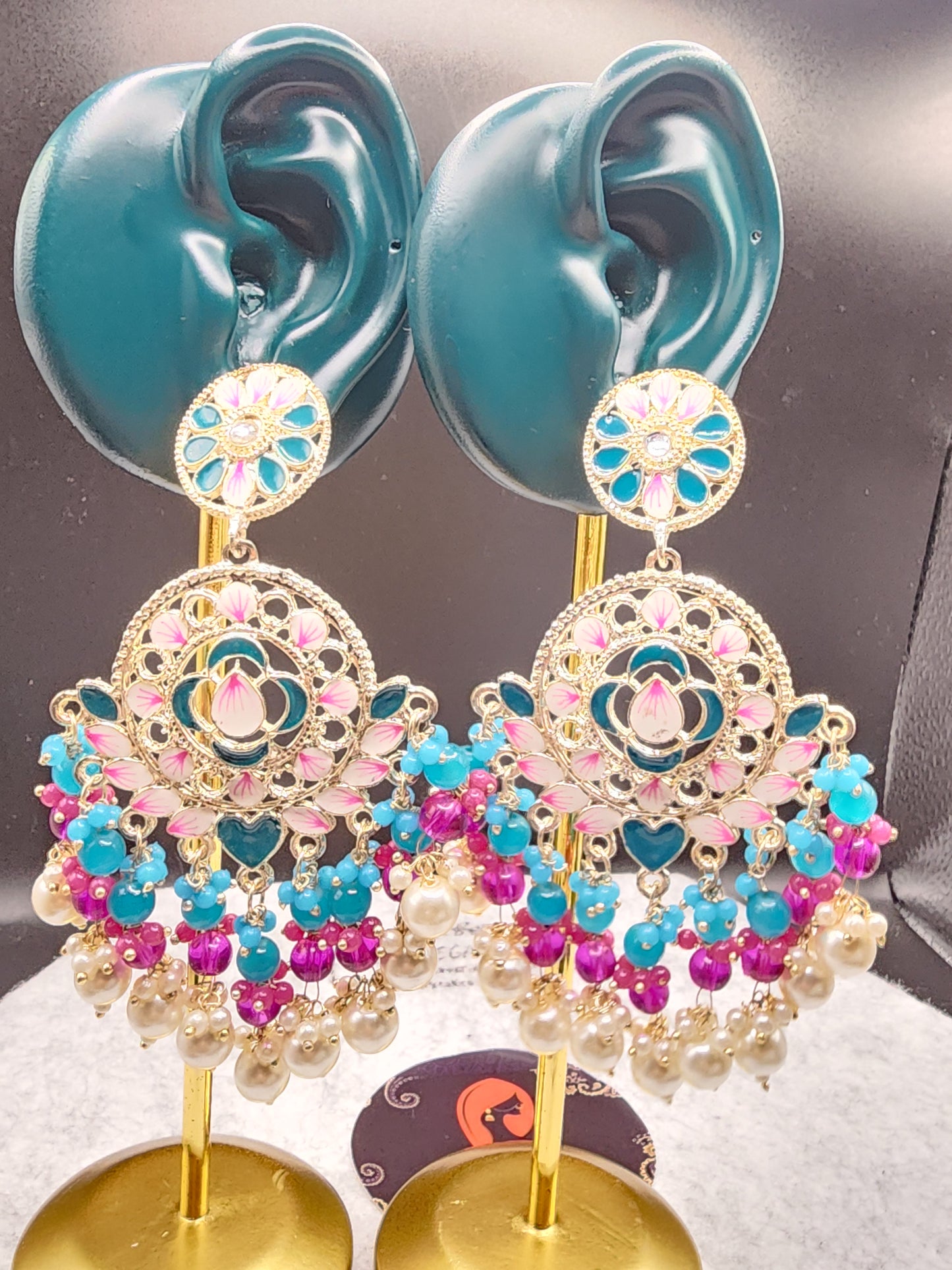 Turquoise Pink Floral Chandbali Earrings | Pearl Bead Indian Statement Earrings