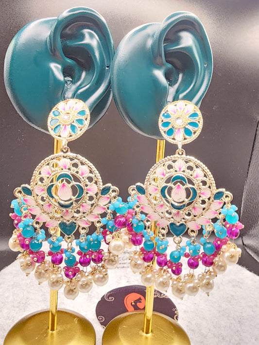 Turquoise Pink Floral Chandbali Earrings | Pearl Bead Indian Statement Earrings