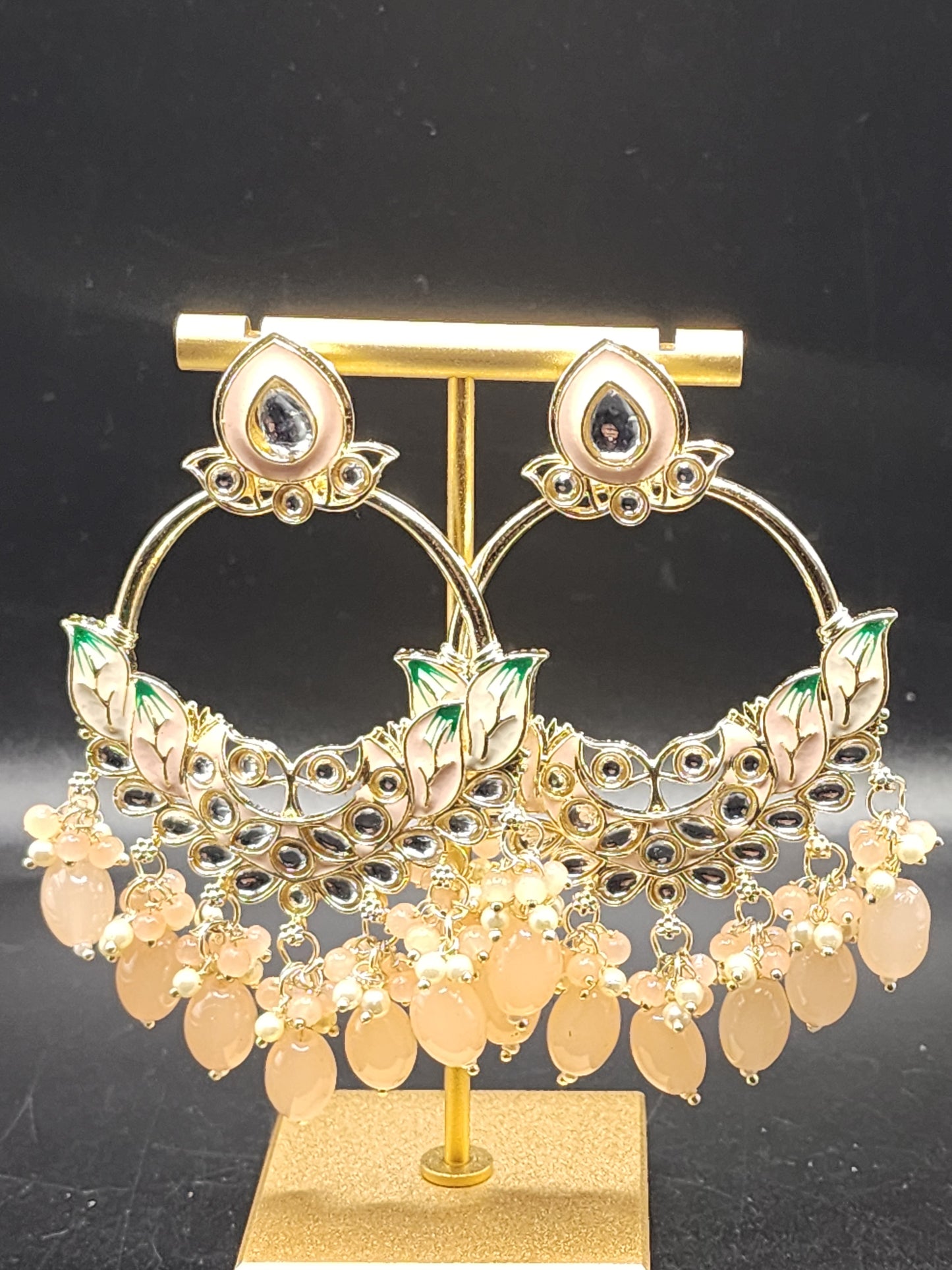 Peach Kundan Chandbali Earrings with Pearl Drops