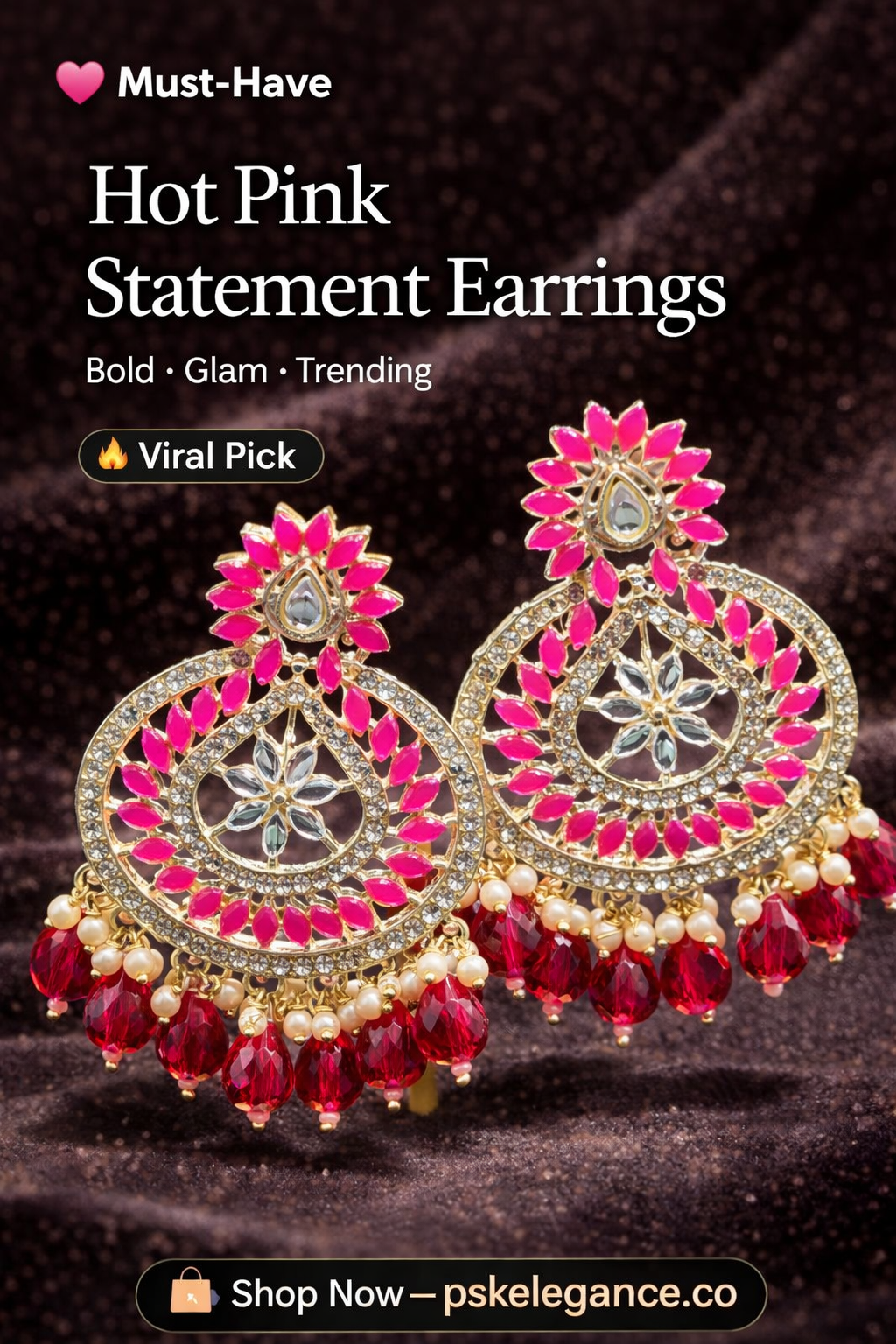 Hot Pink Floral Chandbali Earrings with Crystal Drops – Statement Luxe