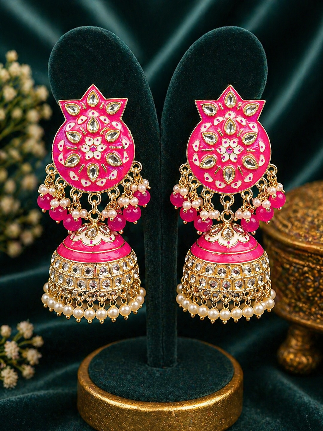 Hot Pink Meenakari Kundan Jhumka Earrings | Pearl Drop Indian Festive Earrings