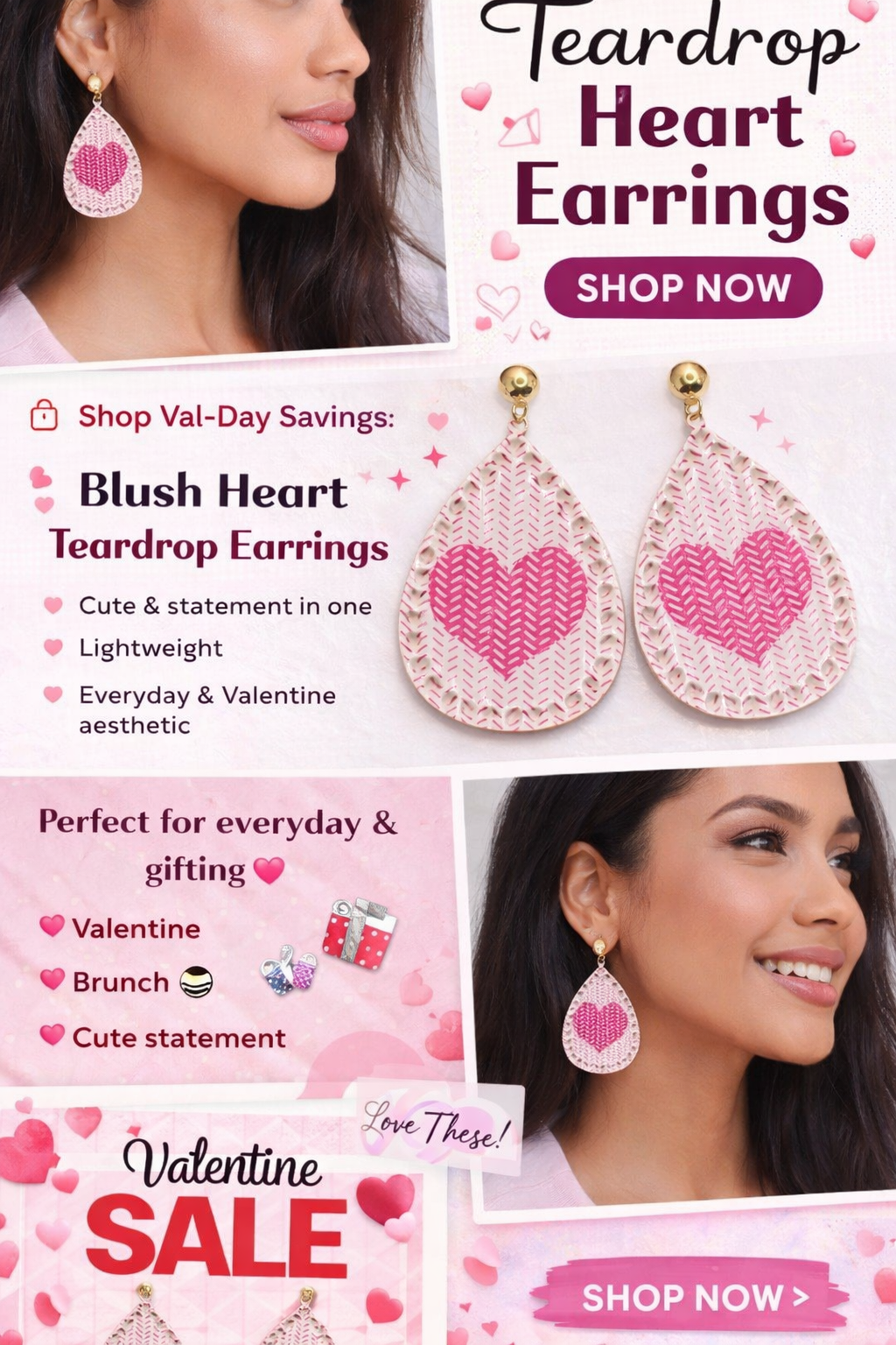 Blush Heart Teardrop Earrings | Lightweight Statement Dangles