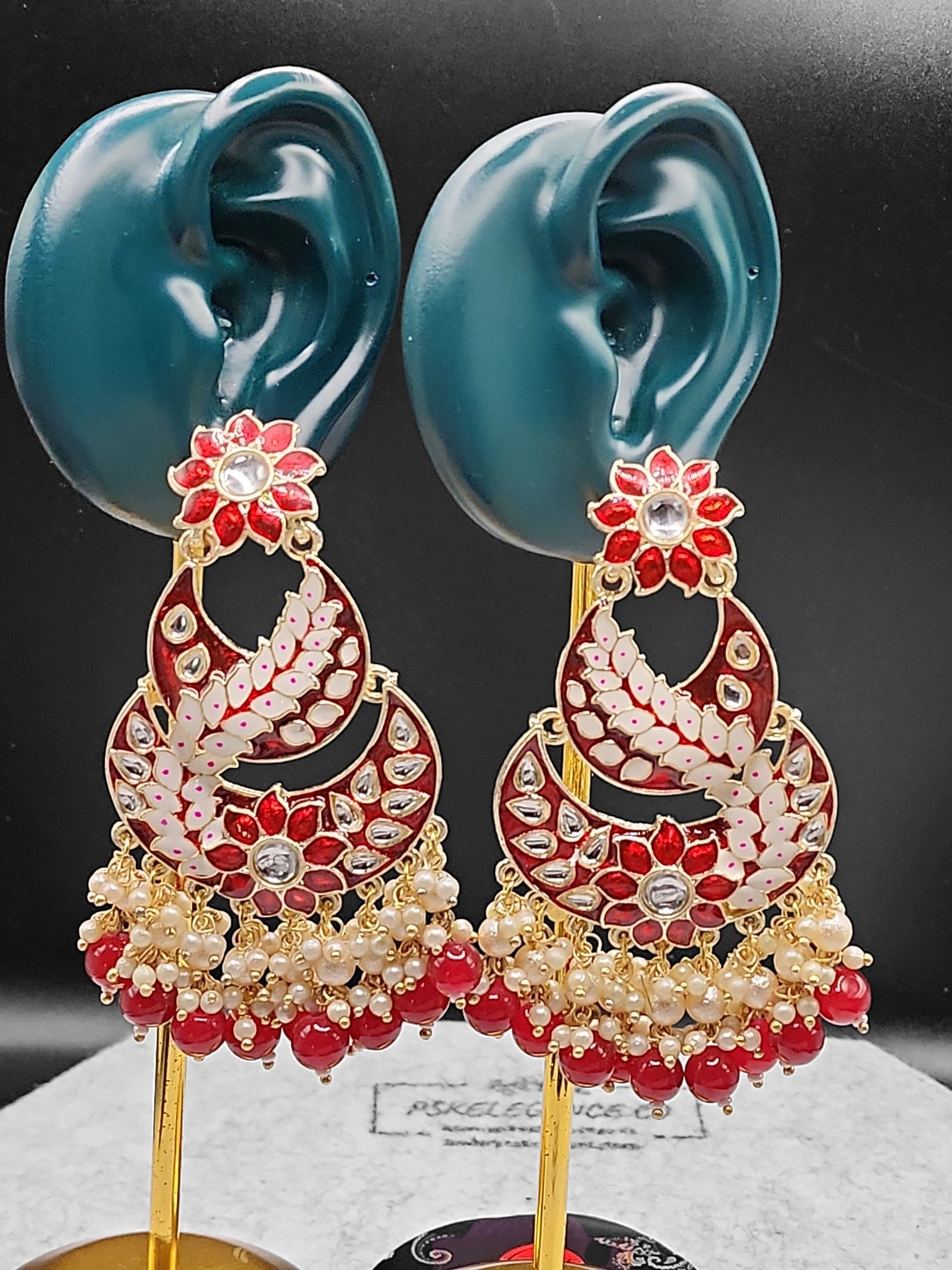 Red Floral Kundan Chandbali Earrings with Pearl & Bead Drops