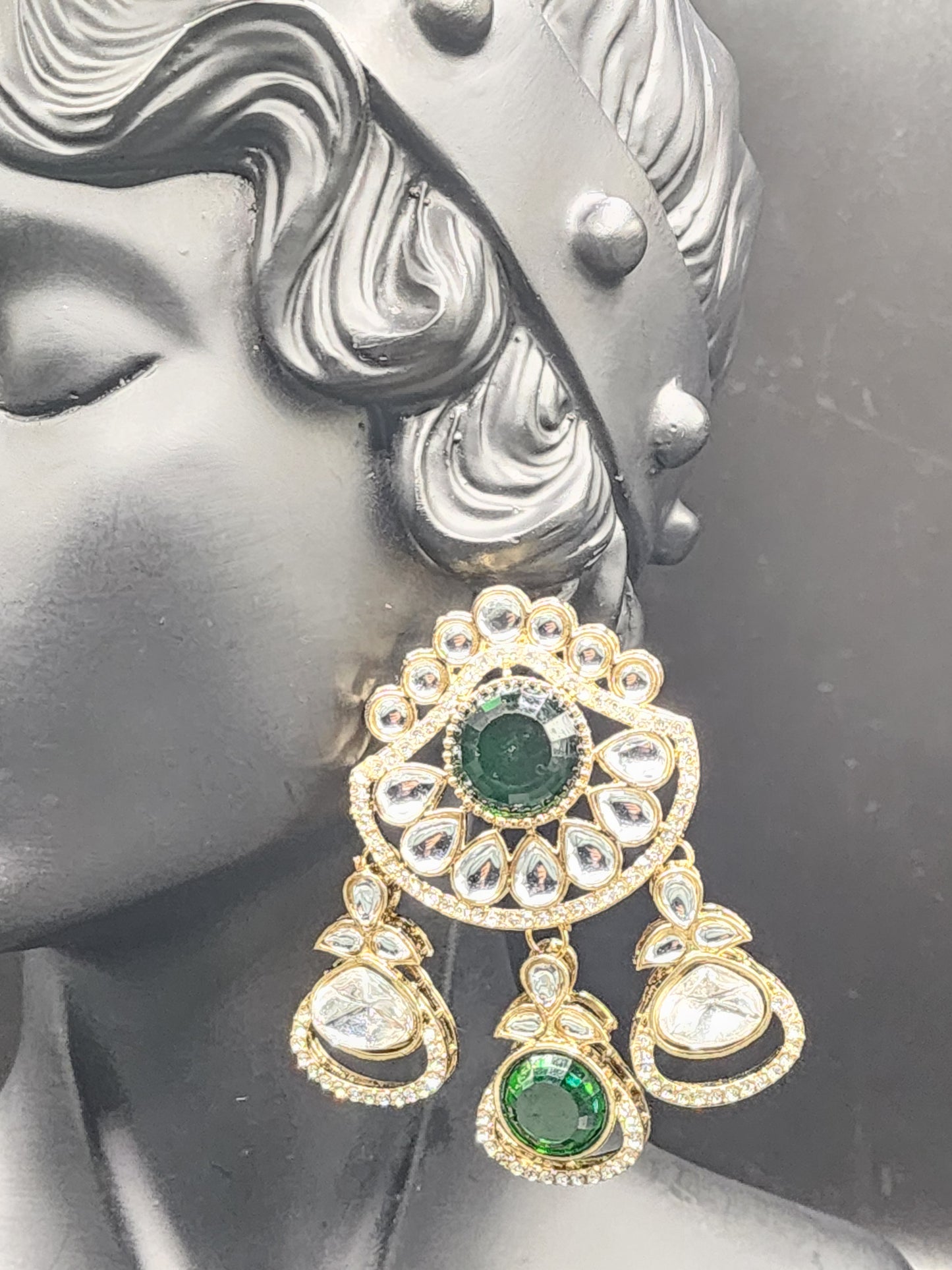 Emerald Green Kundan Statement Earrings with Crystal Drops – Royal Luxe
