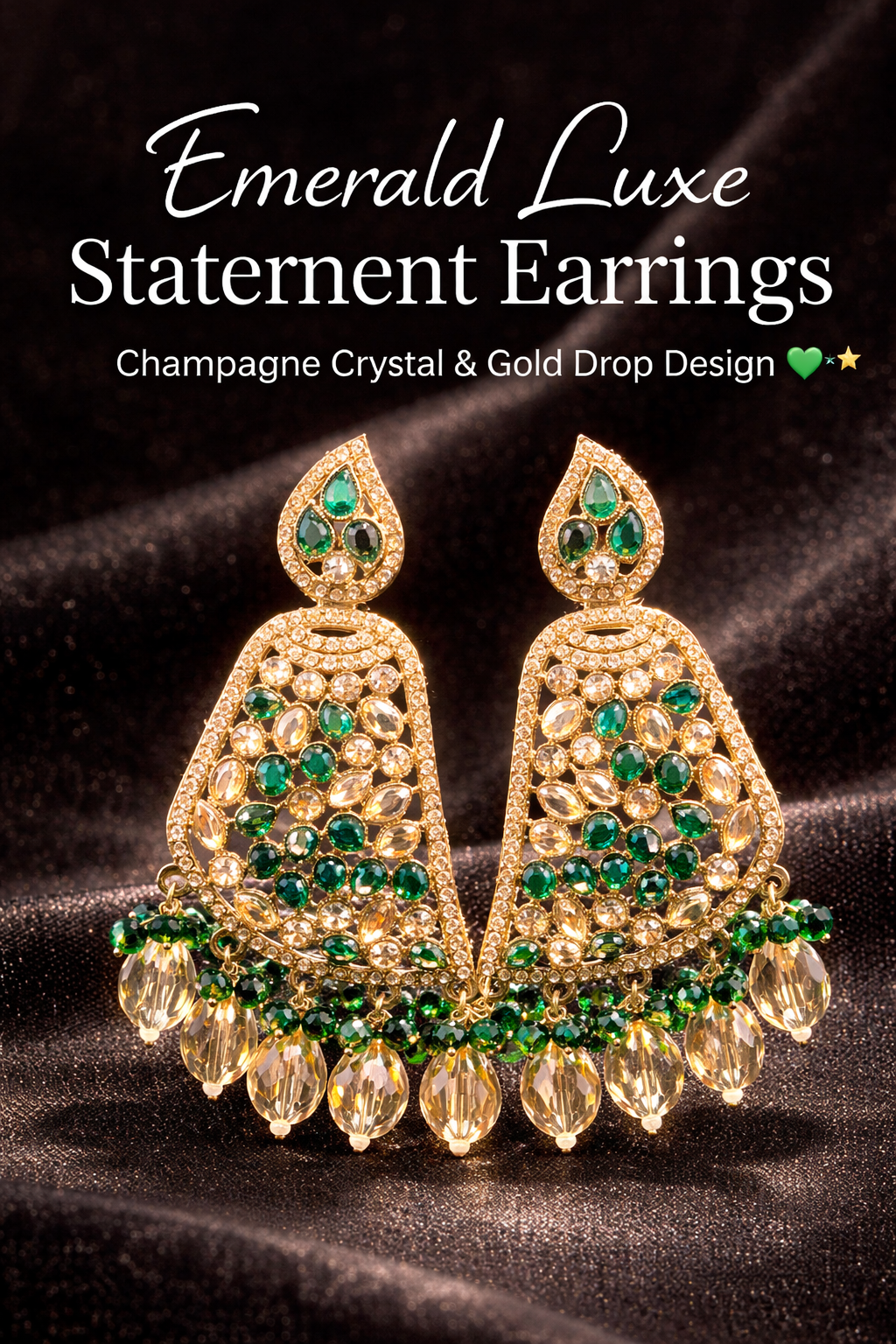 Emerald Green & Champagne Crystal Statement Earrings – Luxe Gold Drop
