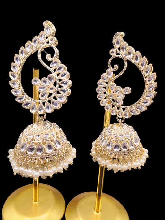 Gold Kundan Paisley Jhumka Earrings | Pearl Drop Indian Statement Earrings
