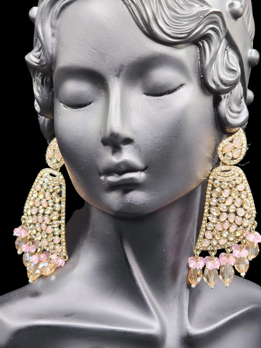 Blush Pink Kundan Statement Earrings with Crystal Drops – Romantic Luxe