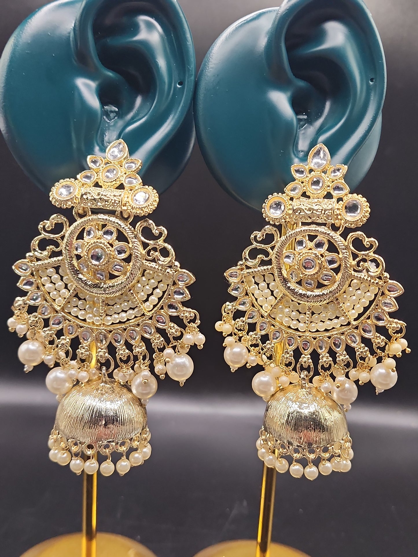 Gold Kundan Pearl Chandbali Jhumka Earrings | Indian Bridal & Festive Statement Earrings