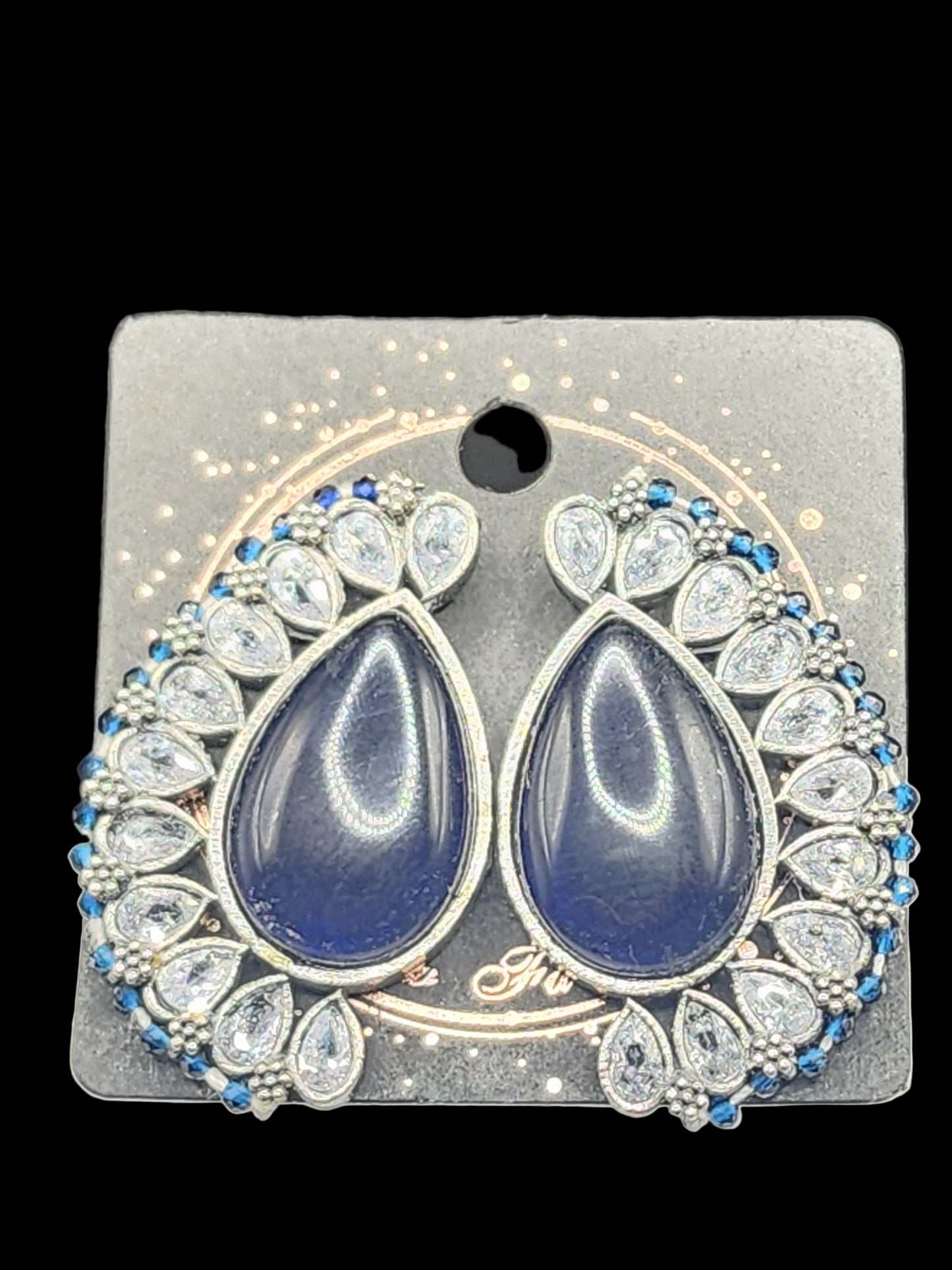 PSK ELEGANCE Midnight Blue Teardrop Statement Earrings | Crystal Halo Indo-Western Luxury Jewelry