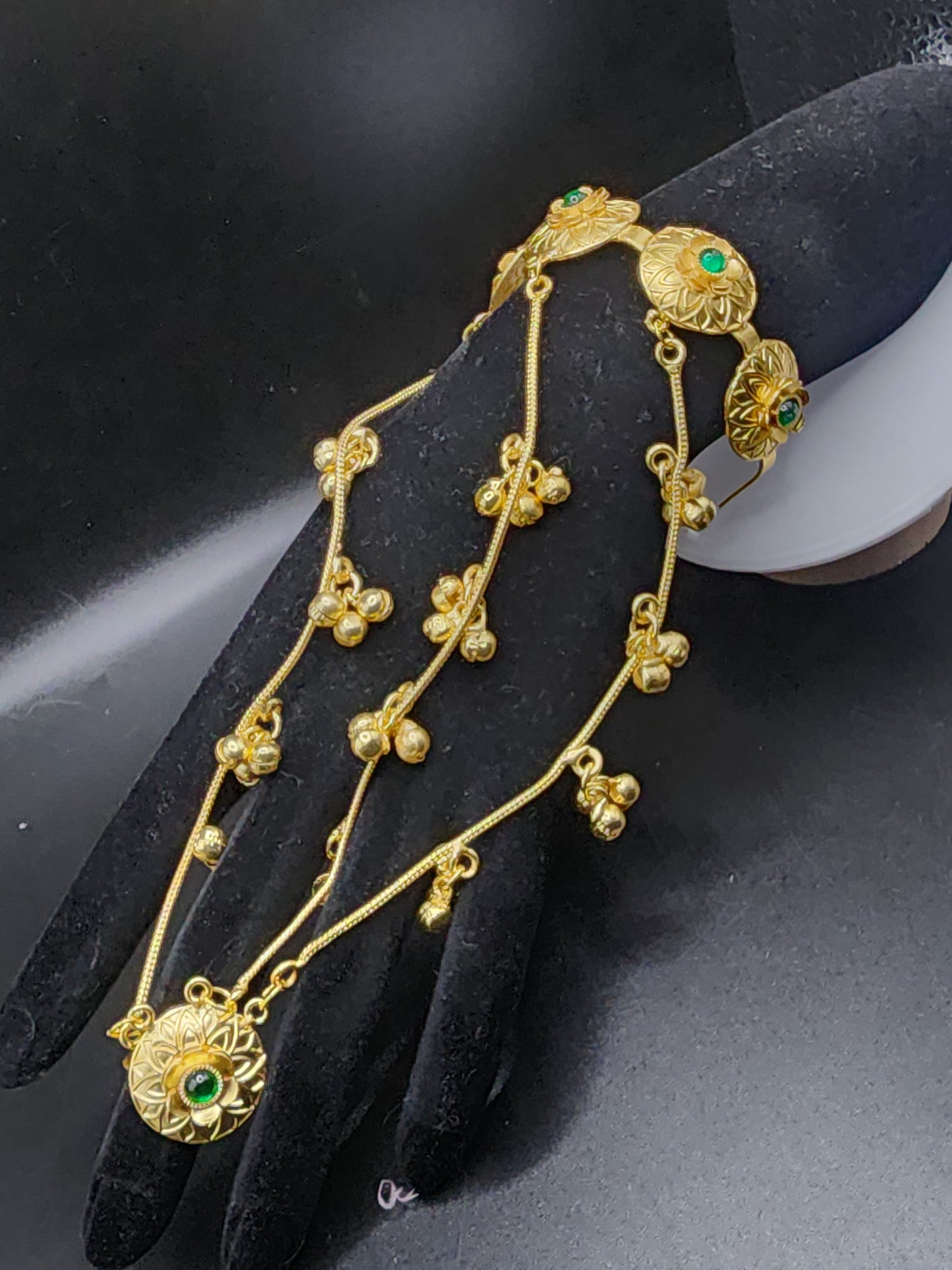 Gold Tone Hathphool Hand Harness with Green Stone Accents | Indian Statement Hand Jewelry