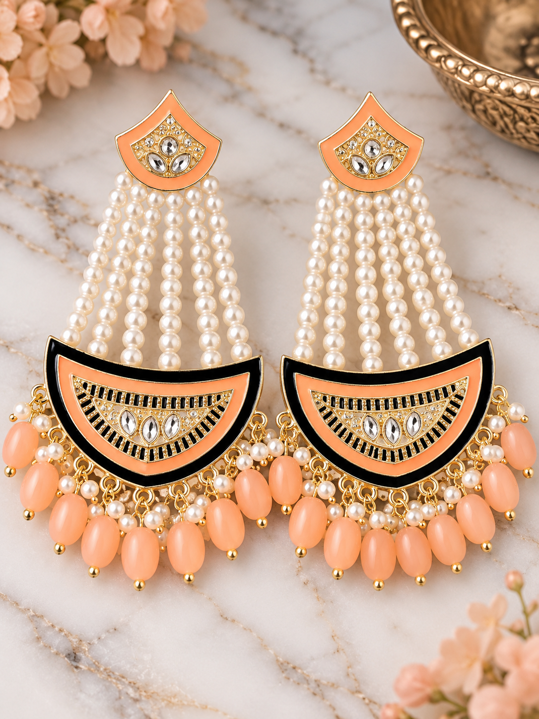 Peach & Black Pearl Chandelier Earrings – Gold-Tone Indian Statement Jhumkas