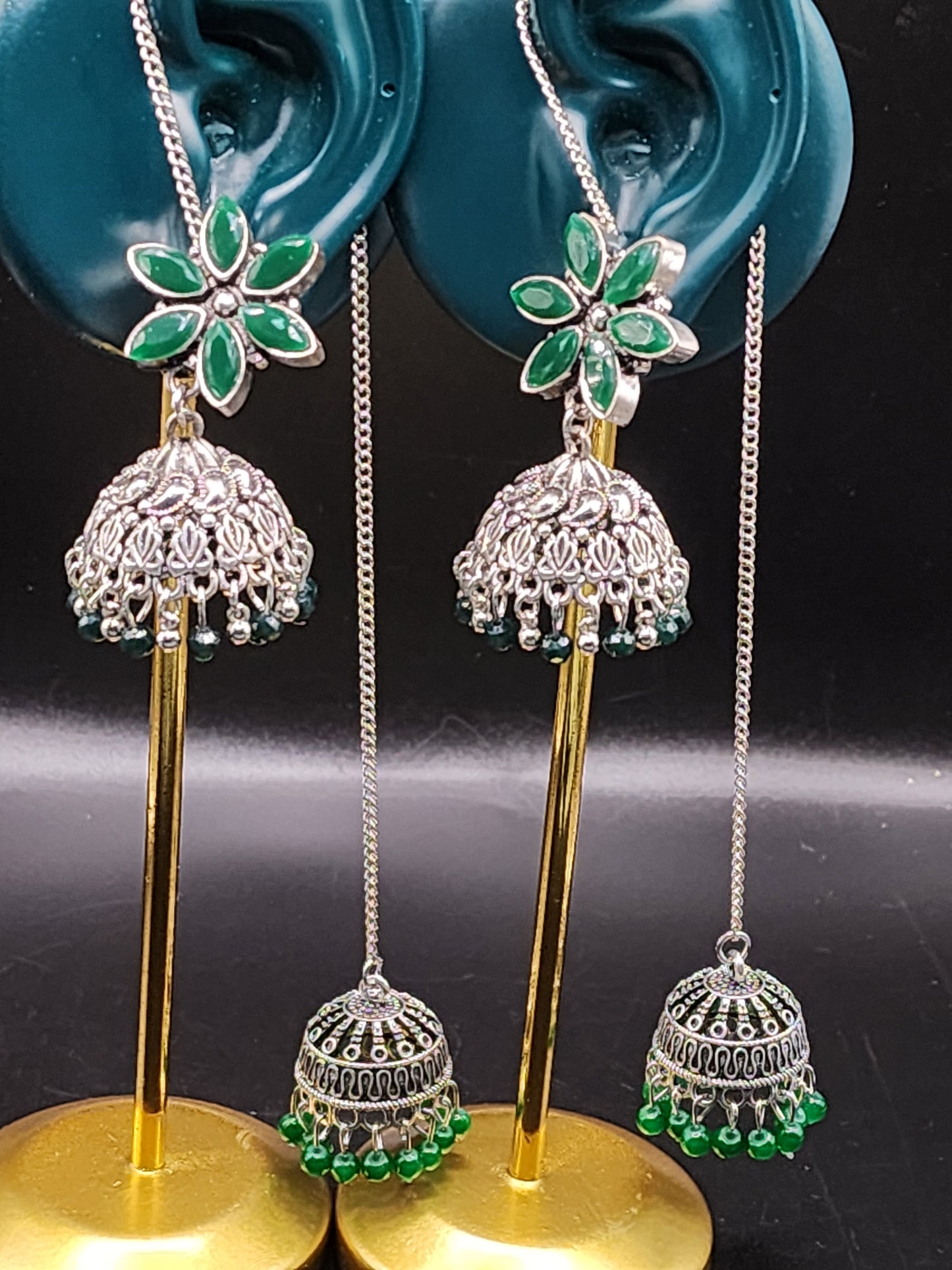 PSK ELEGANCE Emerald Floral Jhumka Chain Earrings | Silver Oxidized Double Drop Statement Jewelry