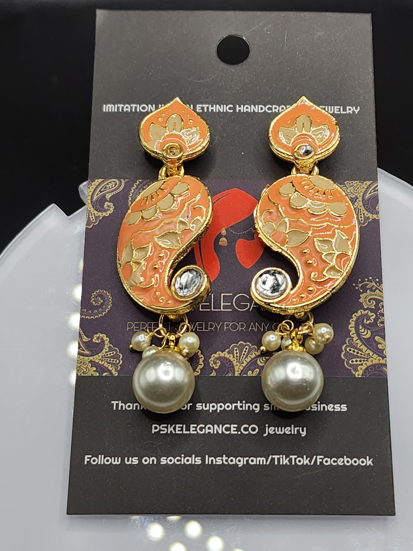 PSK ELEGANCE Grey & Gold Paisley Drop Earrings with Pearl Charm