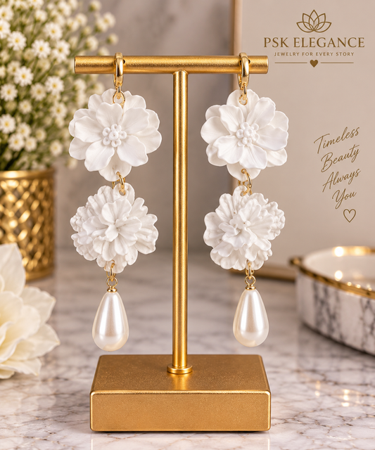 White Floral Pearl Drop Earrings