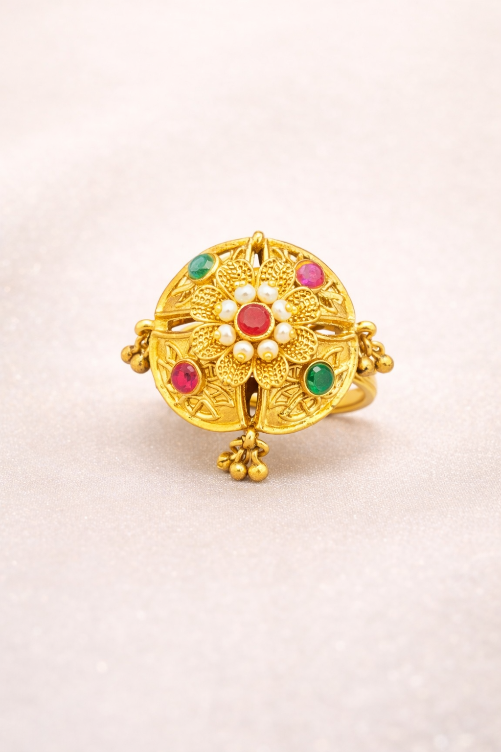 PSK ELEGANCE Antique Gold Floral Statement Ring | Multicolor Stone Traditional Adjustable Ring for Women