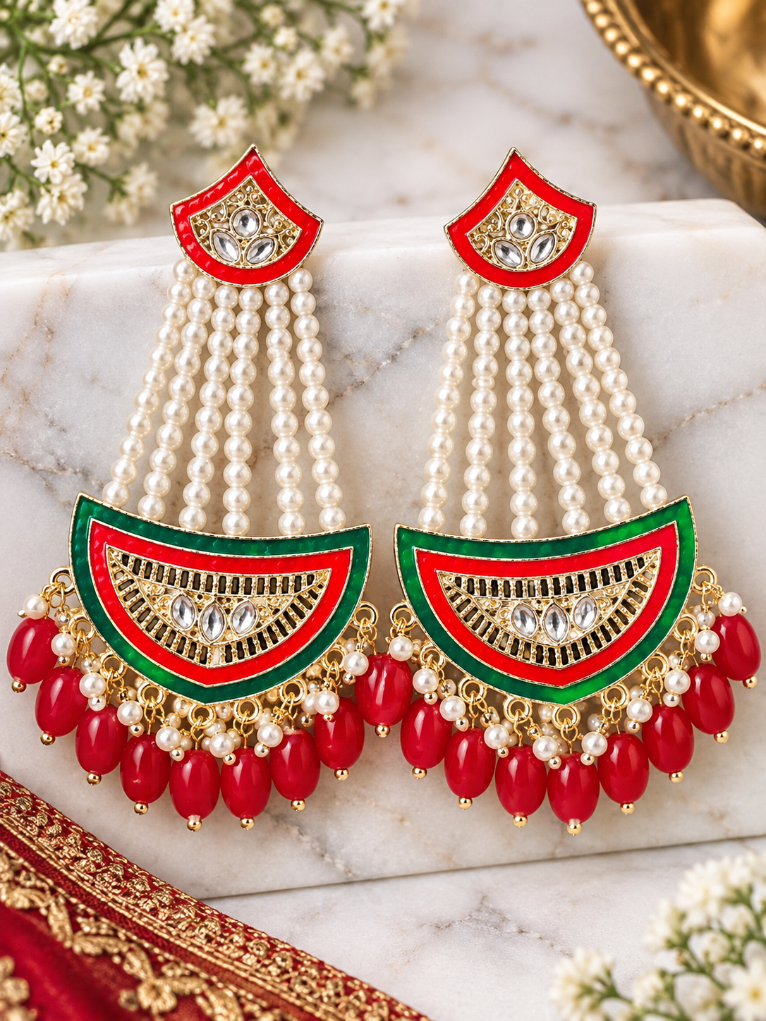 Red & Green Pearl Chandelier Earrings – Traditional Indian Statement Jhumkas