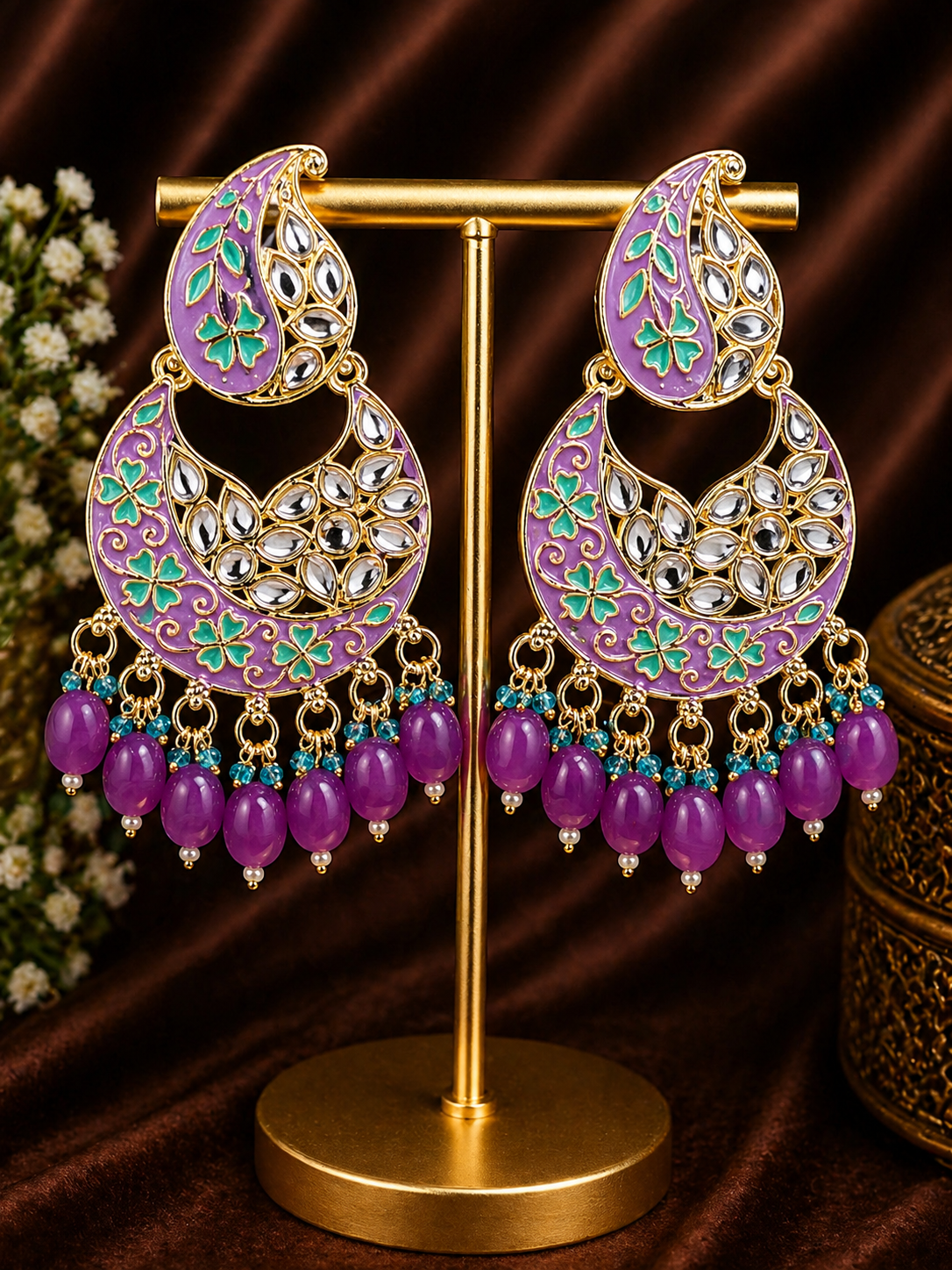 Lavender Paisley Kundan Chandbali Earrings | Purple Bead Indian Statement Earrings